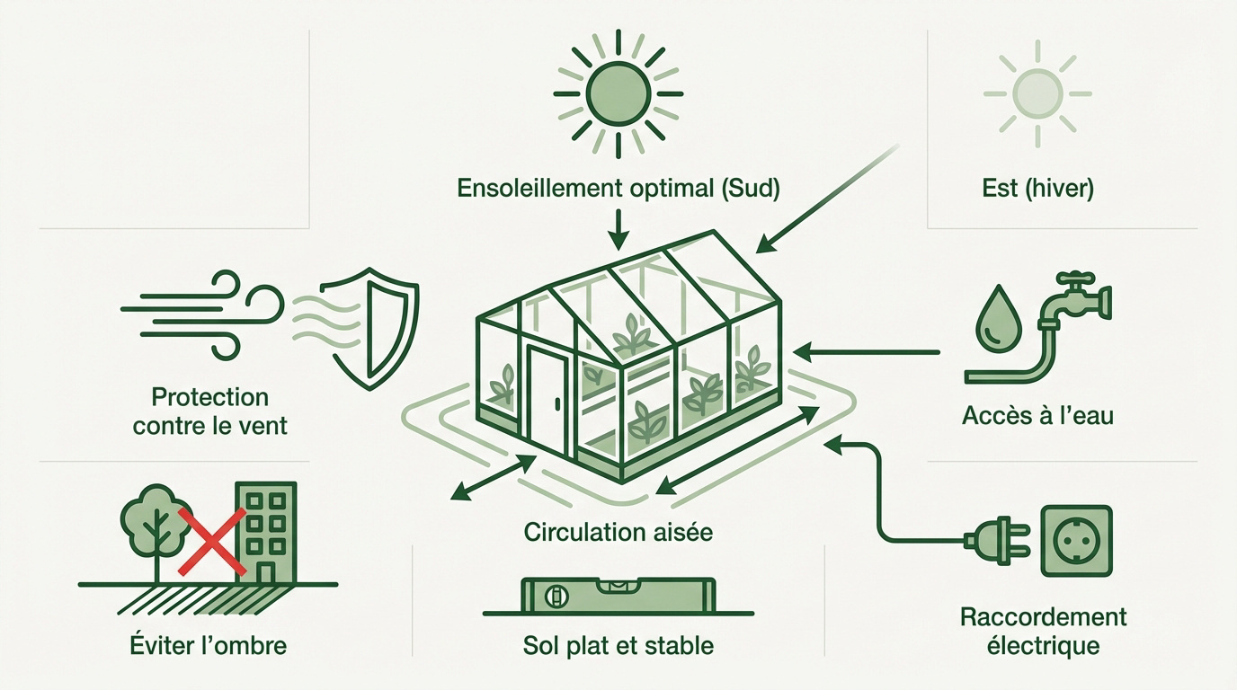 Emplacement ensoleillé et plat pour installer une serre de jardin en bois