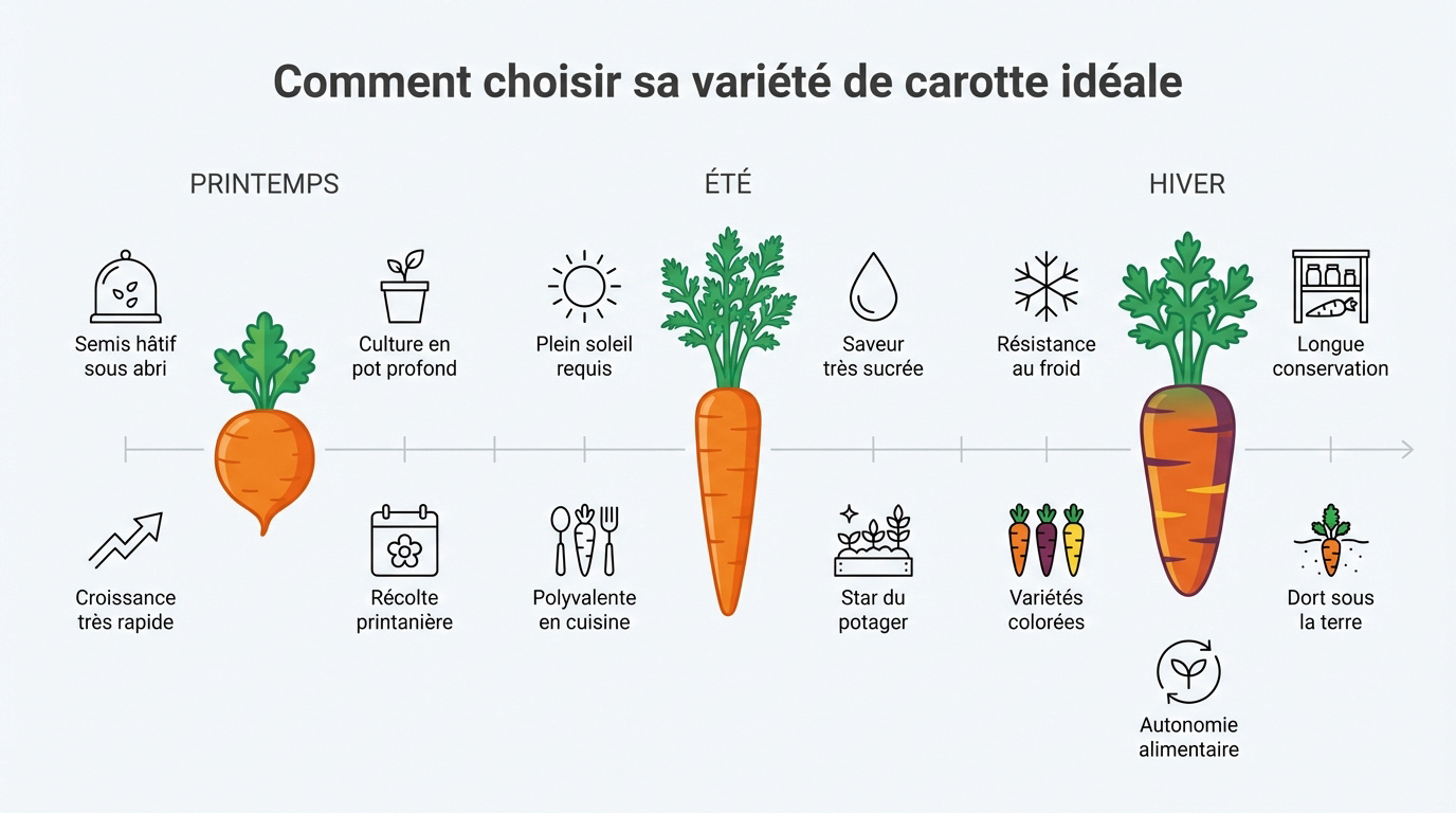 Différentes variétés de carottes colorées prêtes pour le semis dans un jardin en permaculture