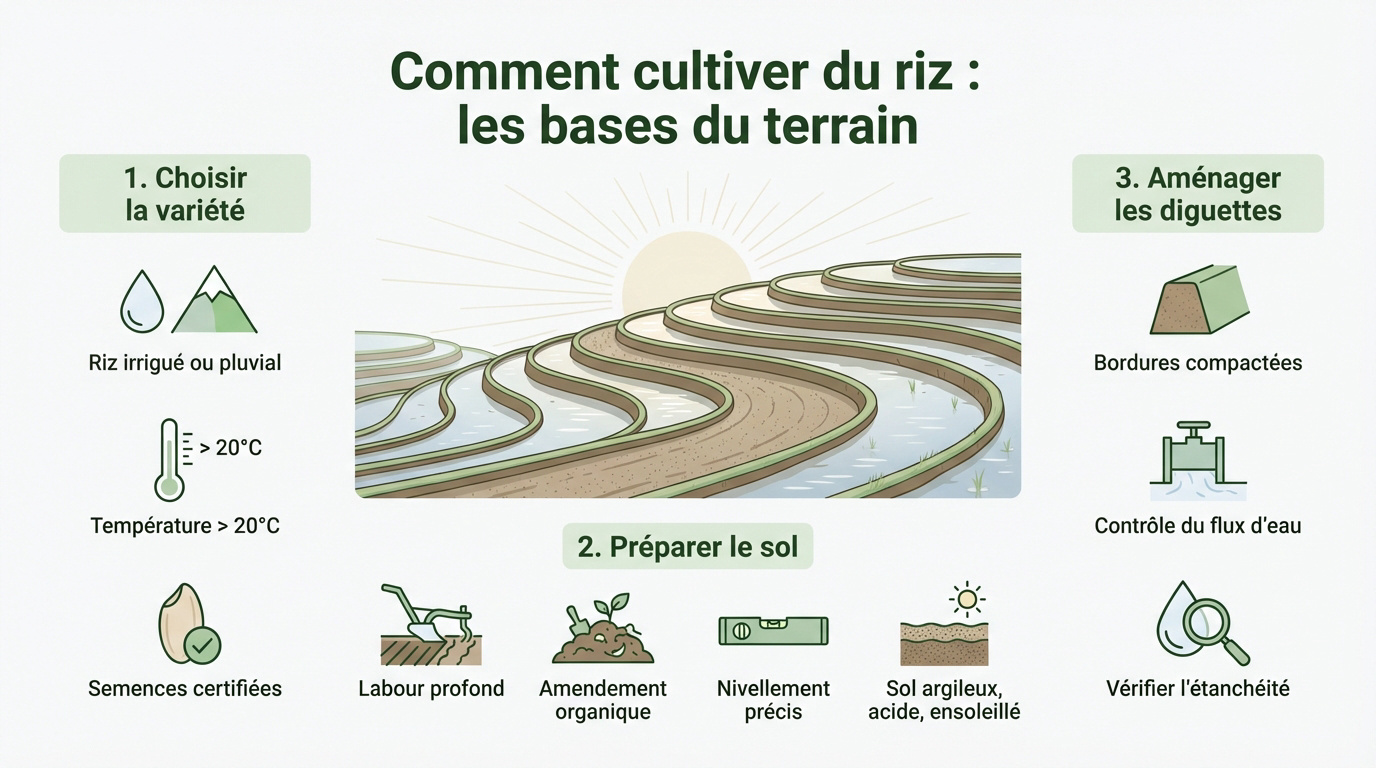 Préparation d'un terrain pour la culture du riz avec des diguettes en terre