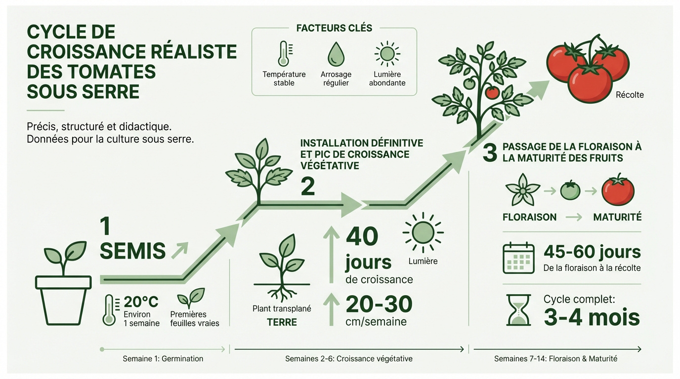Schéma des étapes de croissance d'un plant de tomate sous serre de la graine à la récolte