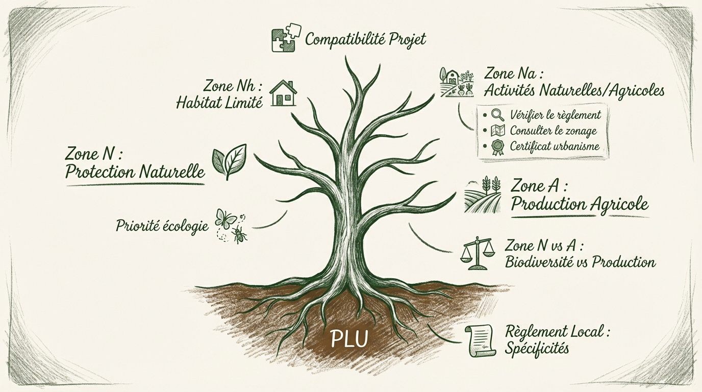 Infographie expliquant les différences entre les zones N, A, Nh et Na du PLU pour la culture