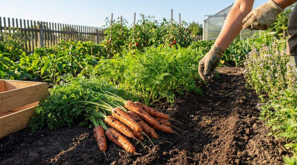 Carottes fraîches cultivées au potager avec terre légère et poireaux en accompagnement