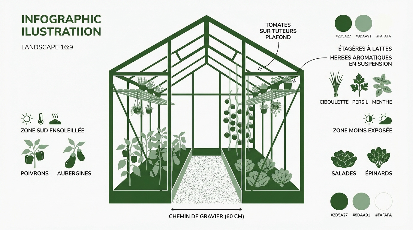 Aménagement intérieur d'une serre de 12m2 avec allée centrale et étagères de culture