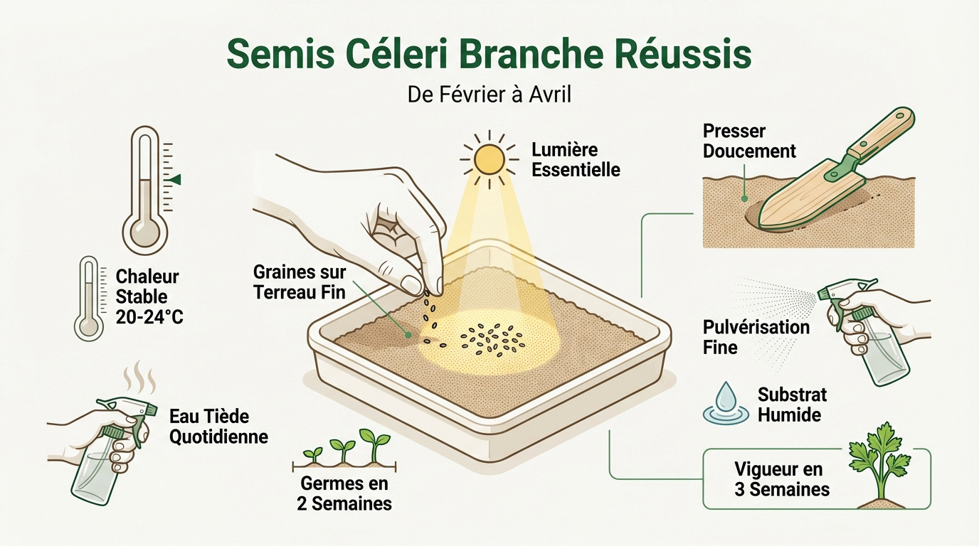 Jeunes semis de céleri branche en terrine à l'abri