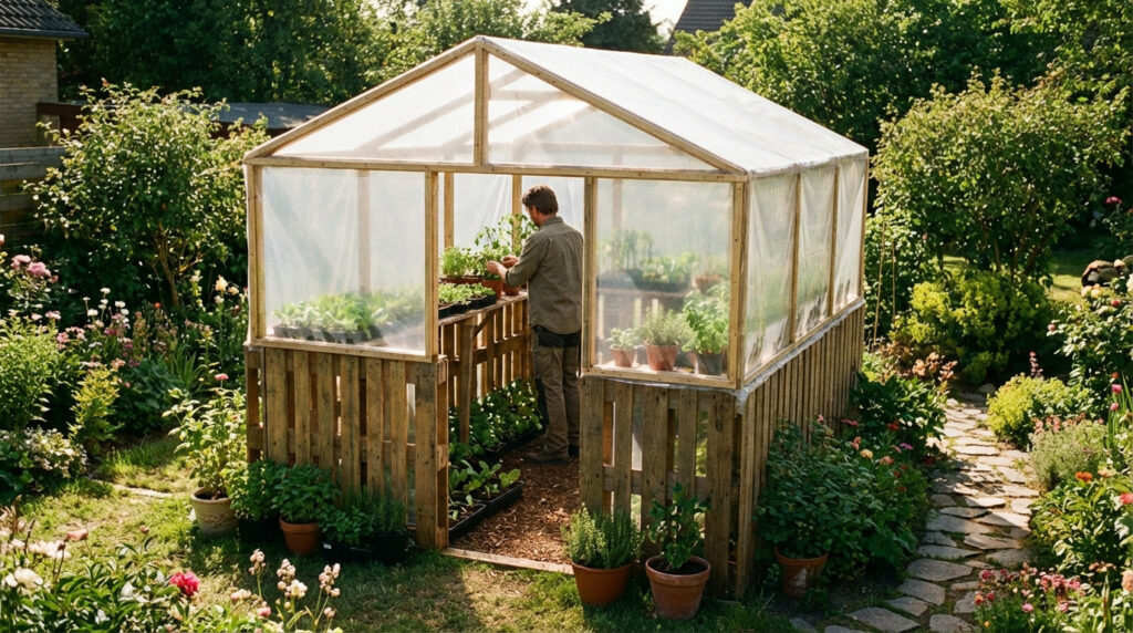 Serre de jardin DIY en palettes recyclées exposée au soleil