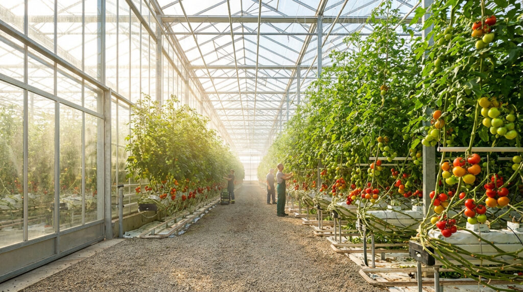 Tomates en croissance sous serre, montrant des feuilles vertes et des fruits en développement