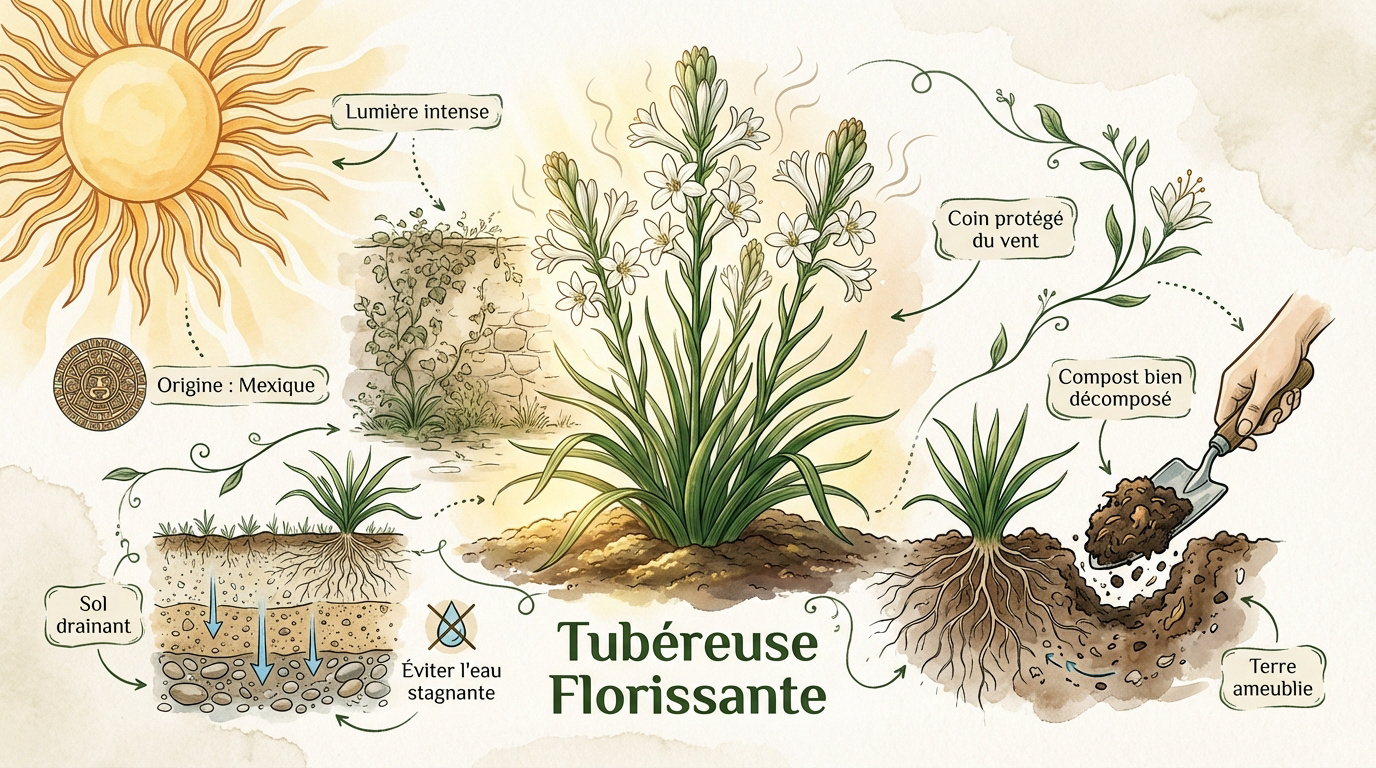 Floraison éclatante d'une tubéreuse blanche dans un jardin ensoleillé