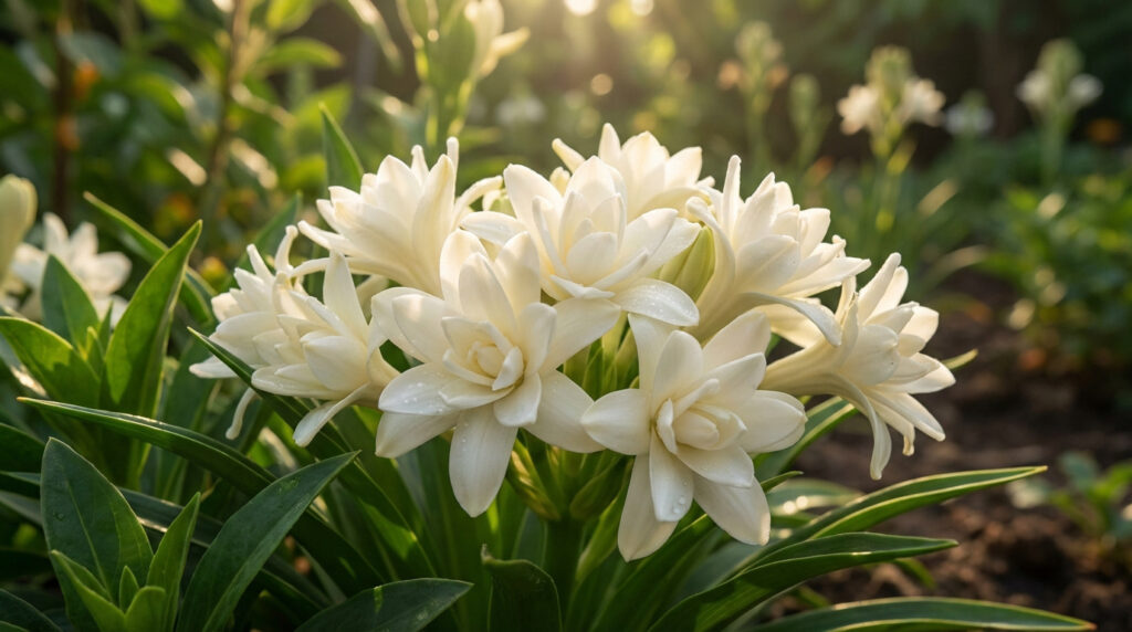 Fleurs de tubéreuse en pleine floraison dans un jardin ensoleillé