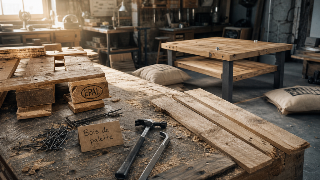 Bois de palette meuble en atelier : planches poncées et outils sécurité