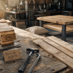 Bois de palette meuble en atelier : planches poncées et outils sécurité