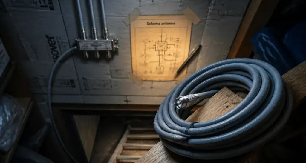 branchement antenne tv schema : câble coaxial et répartiteur avec schéma de branchement
