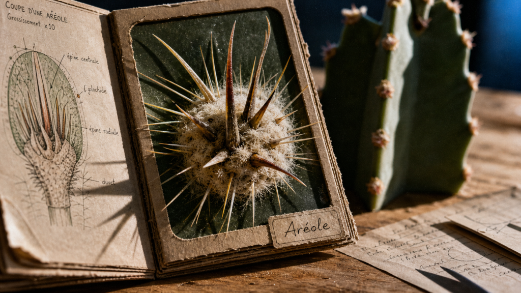 Cactaceae : gros plan d’aréoles et d’épines de cactus vrais