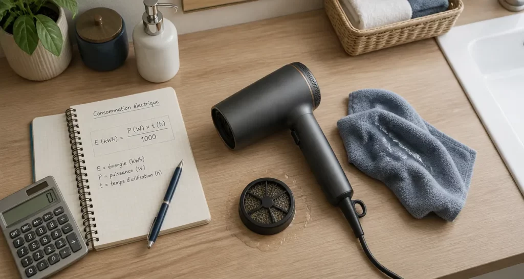 consommation sèche cheveux sur table de salle de bain