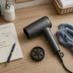 consommation sèche cheveux sur table de salle de bain