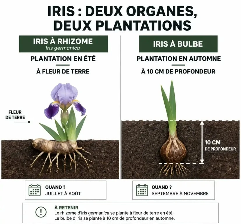 Infographie explicative sur quand planter des iris : rhizomes en été et bulbes en automne