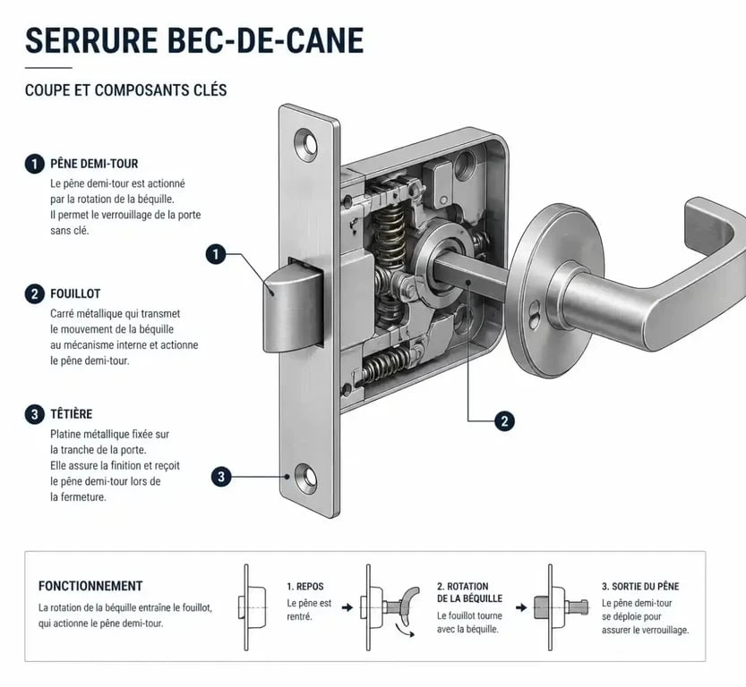 Schéma technique d'une serrure bec-de-cane montrant le fonctionnement du pêne demi-tour et du fouillot