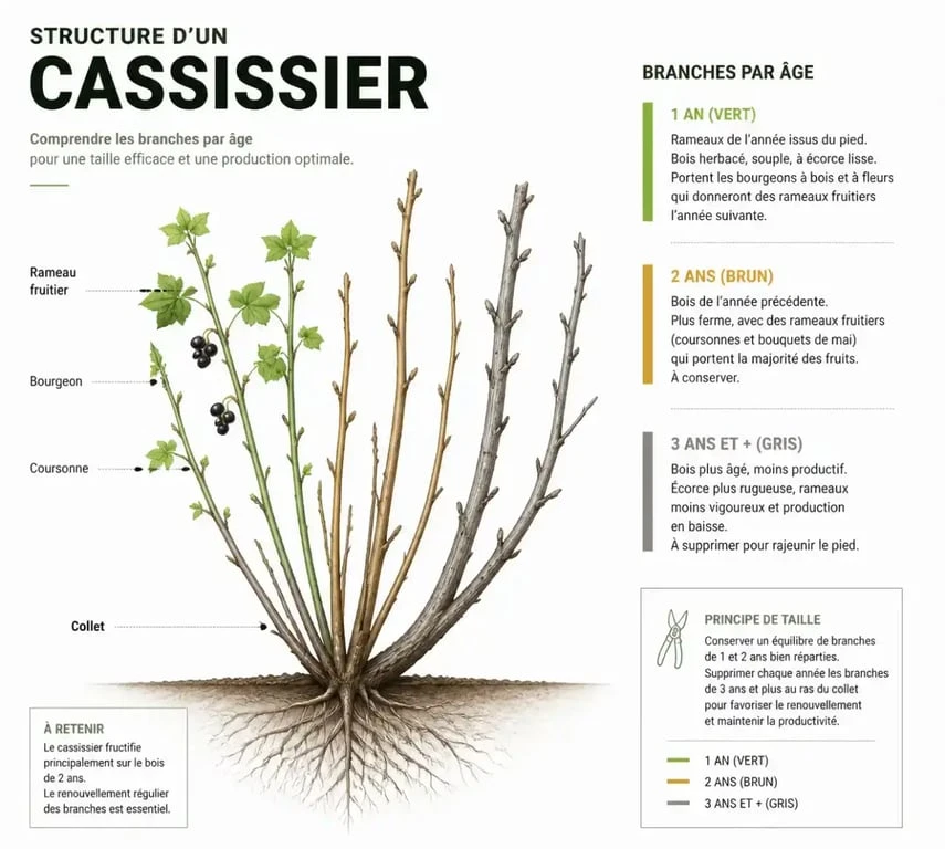Schéma explicatif pour savoir quand tailler les cassissiers et quelles branches supprimer