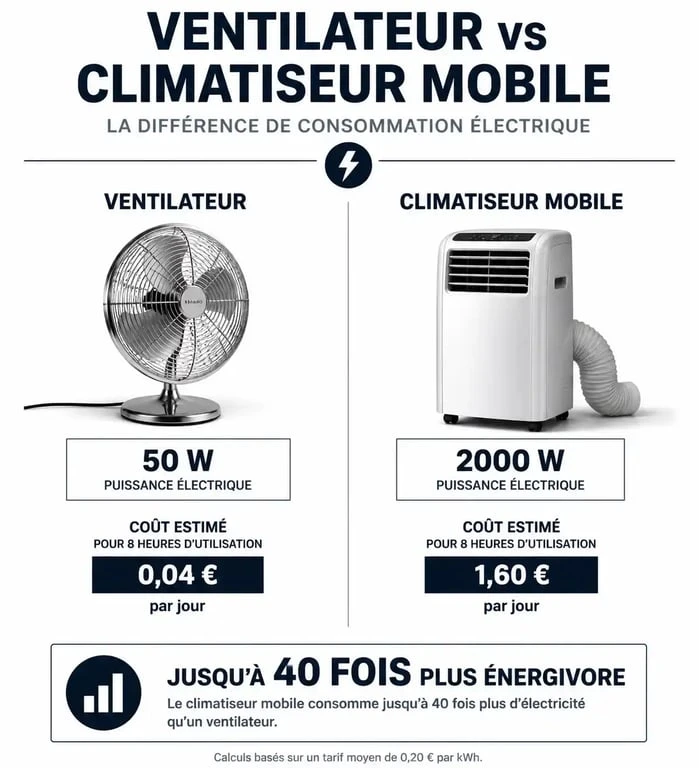Infographie comparative de la consommation électrique entre un ventilateur et une climatisation pour évaluer la consommation ventilateur.