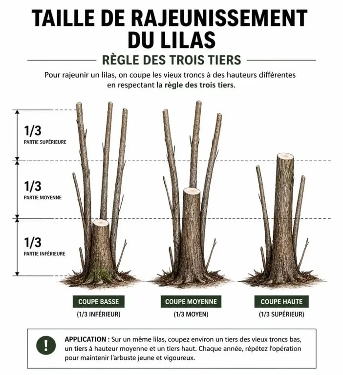 Schéma explicatif de la taille de rajeunissement du lilas par la méthode des trois tiers