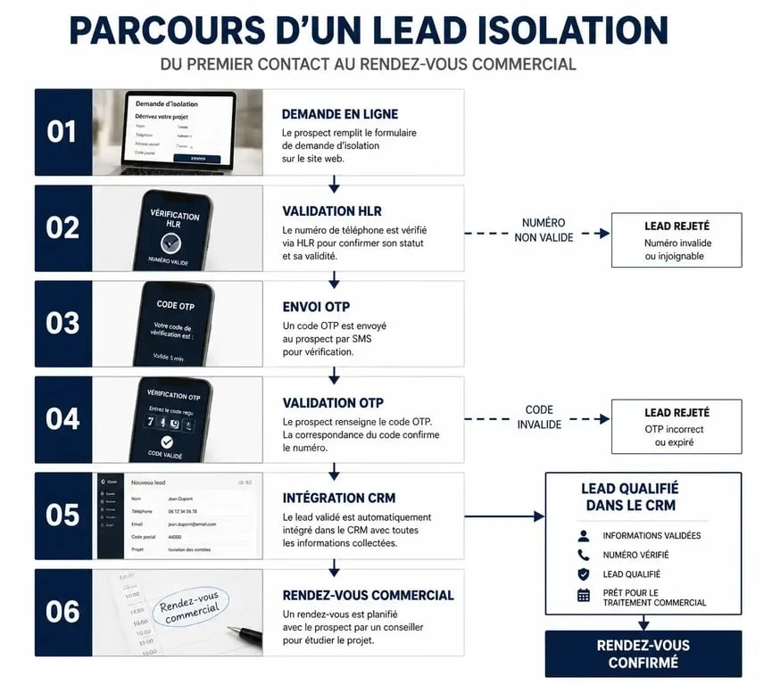 Schéma du parcours de qualification d'un lead isolation : de la demande au rendez-vous commercial