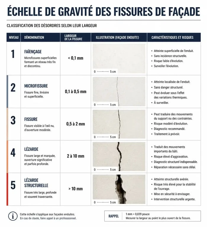 Échelle de gravité des fissures sur crépi extérieur : du faïençage à la lézarde