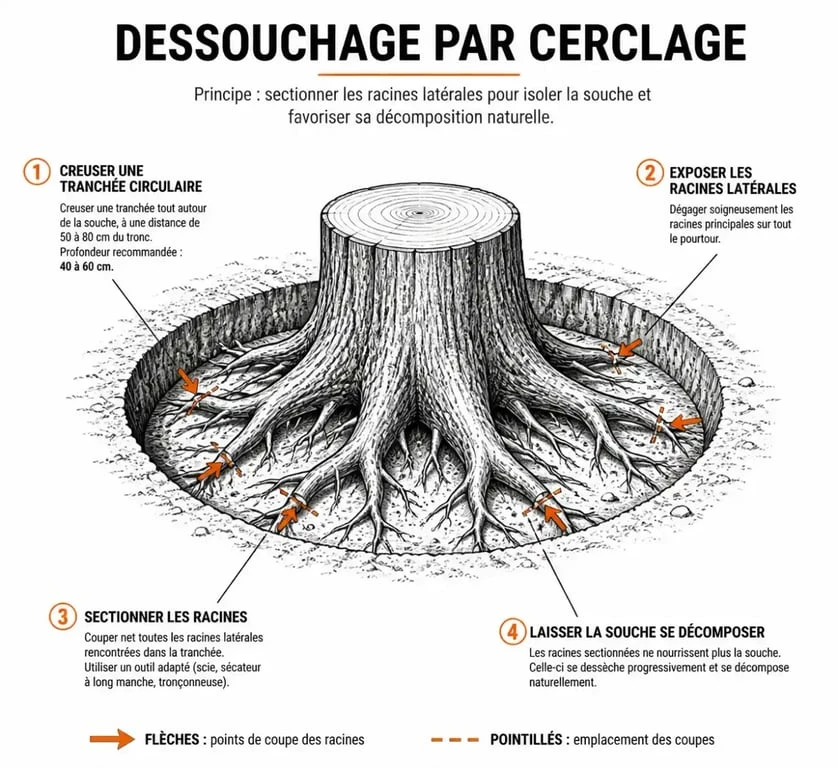 Schéma explicatif de la méthode de dessouchage par cerclage pour enlever des racines profondes