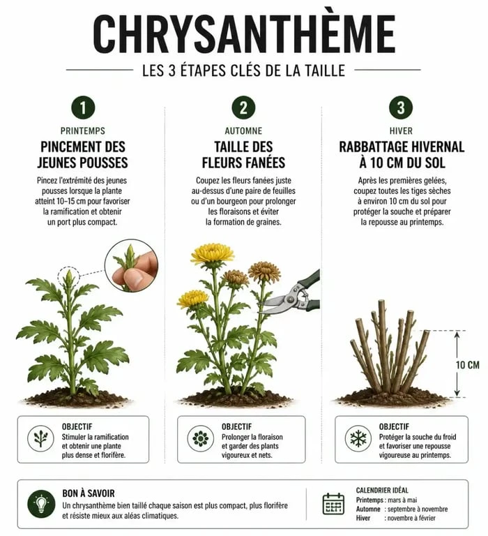 Schéma illustrant les différentes étapes de la taille du chrysanthème pour une floraison optimale.