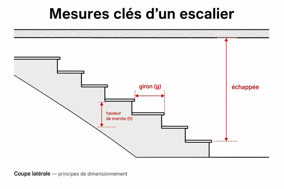 Schéma des dimensions d'un escalier en métal selon la formule de Blondel pour fabriquer un escalier en métal