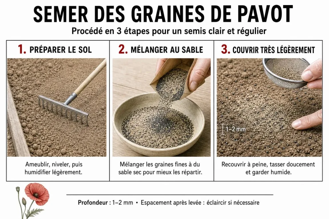 Infographie sur les étapes de semis du coquelicot au jardin pour une floraison réussie