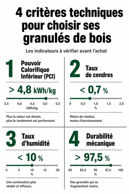 Infographie des critères de qualité pour identifier le meilleur pellet de chauffage