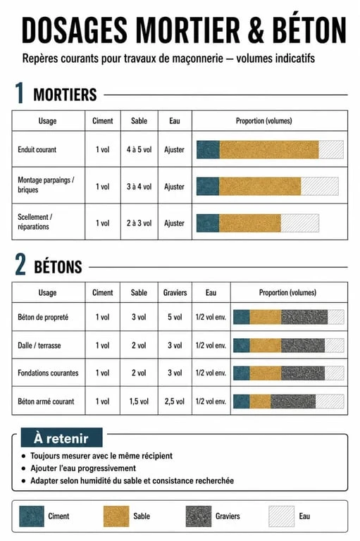 Tableau récapitulatif des dosages de ciment et sable pour mortier et béton