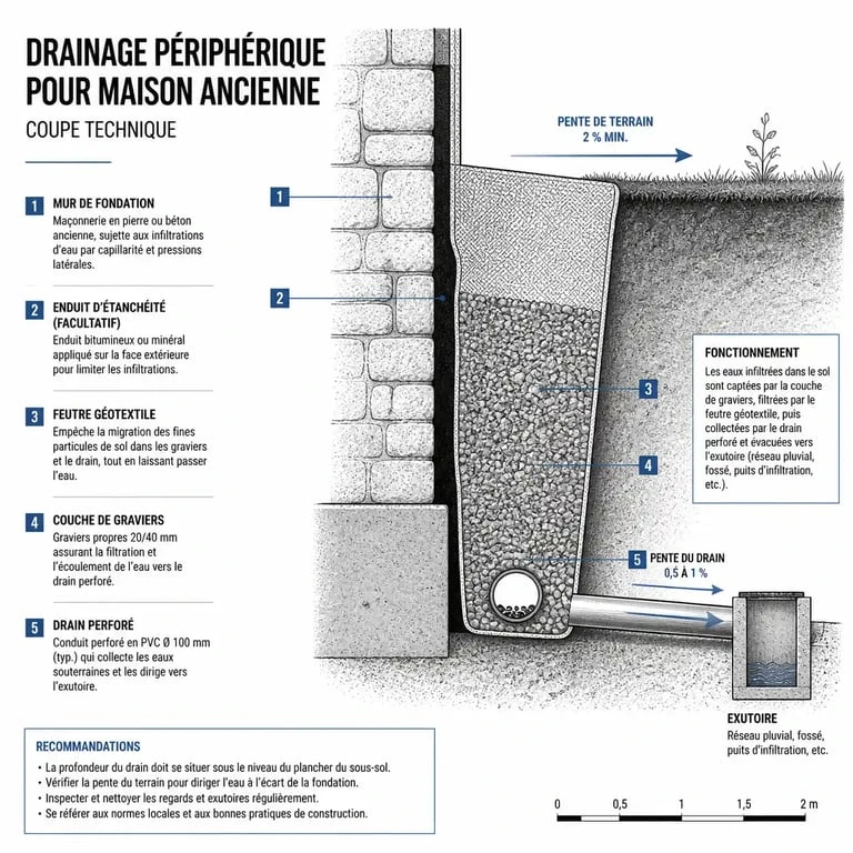 Schéma technique du drainage périphérique d'une maison ancienne pour prévenir l'humidité