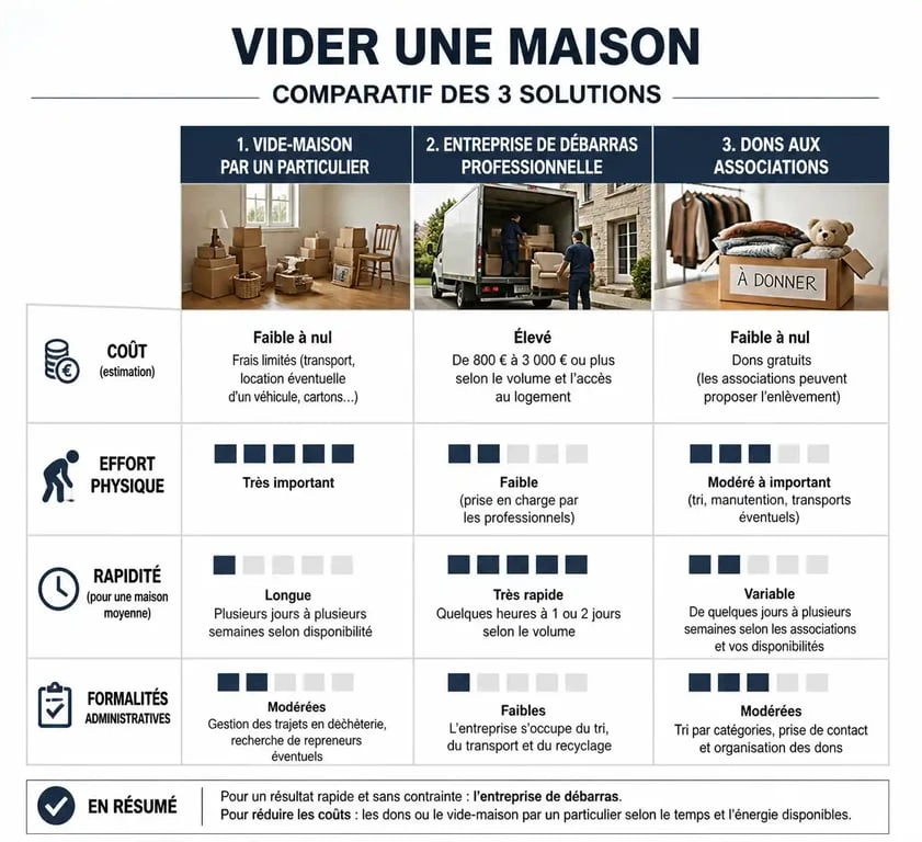 Tableau comparatif des solutions pour vider une maison à Roanne : vide-maison, débarras professionnel ou dons.