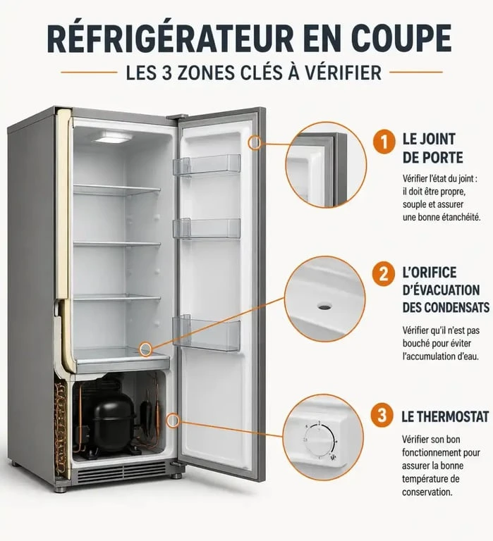 Schéma explicatif des points de contrôle pour réparer un frigo qui fait de la glace