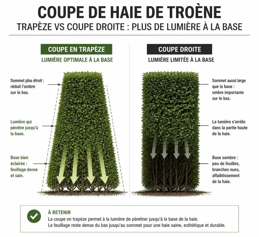 Schéma comparatif de taille de haie : coupe en trapèze pour éviter le troène dégarni en bas