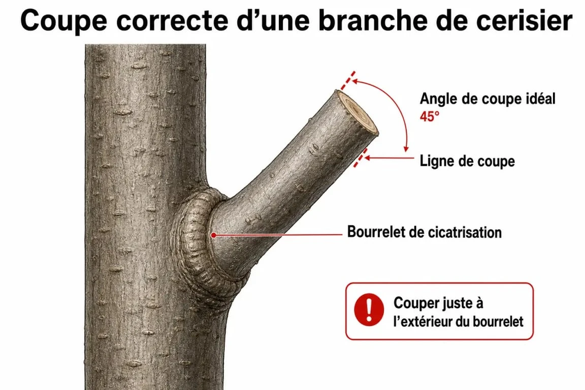 Schéma explicatif de la taille du cerisier : coupe au niveau du bourrelet de cicatrisation