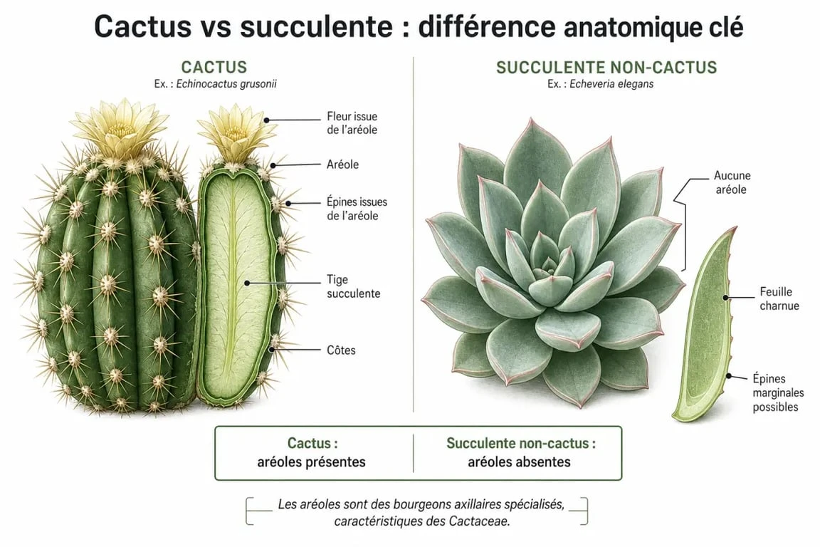 Infographie comparative : différence morphologique entre un cactus (Cactaceae) et une plante succulente.