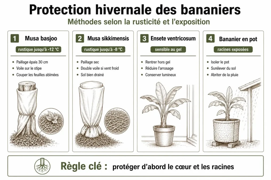 Infographie sur les méthodes de protection hivernale pour bananiers selon la variété