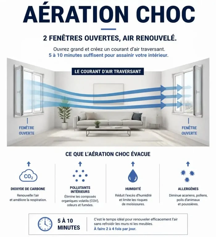 Infographie sur la méthode d'aération choc pour renouveler l'air intérieur quand il pleut