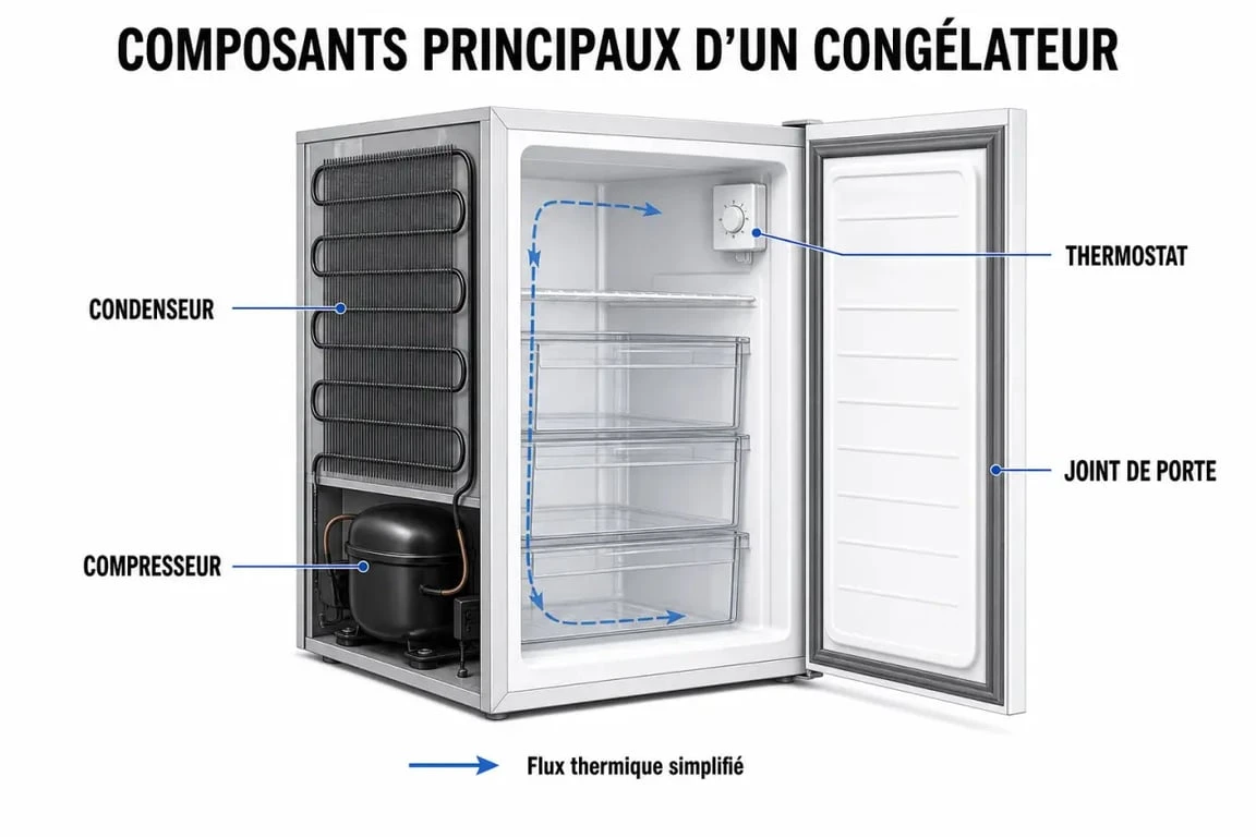 Schéma des composants d'un congélateur pour le diagnostic de réparation