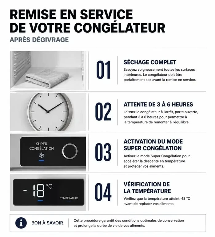 Infographie des étapes de remise en service d'un congélateur après dégivrage pour garantir la sécurité alimentaire
