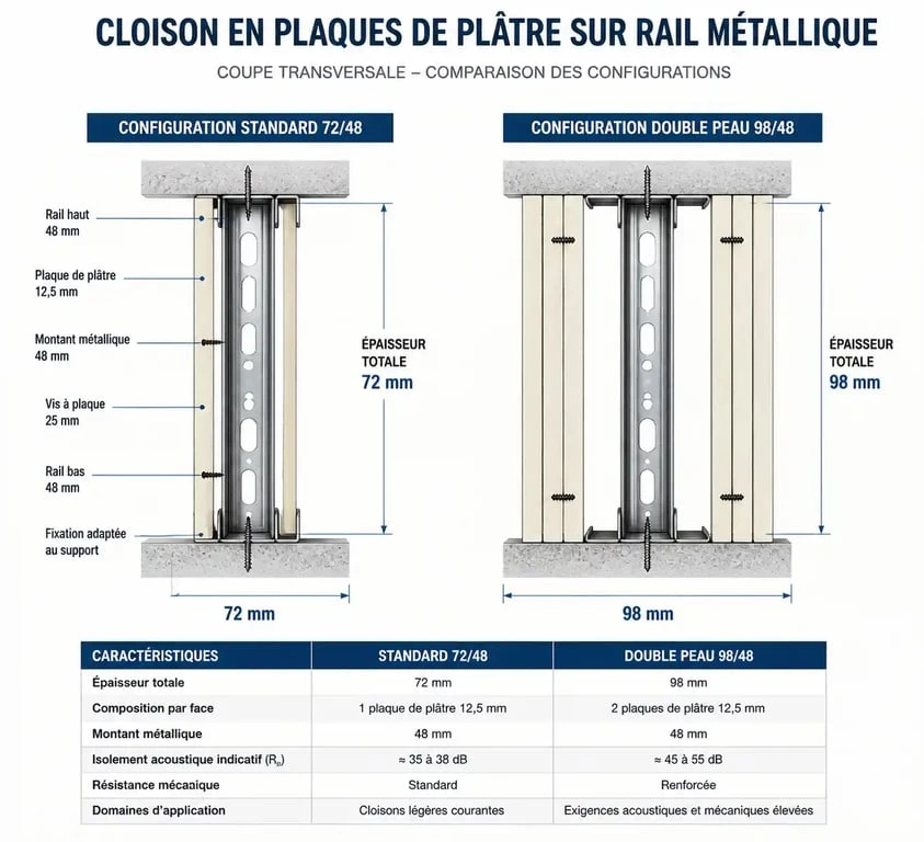 Schéma technique comparatif de l'épaisseur d'une cloison placo avec rail 72/48 et 98/48