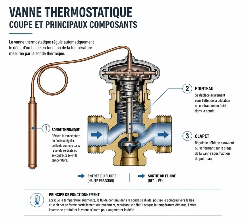 Schéma du fonctionnement d'une vanne thermostatique avec ses composants internes