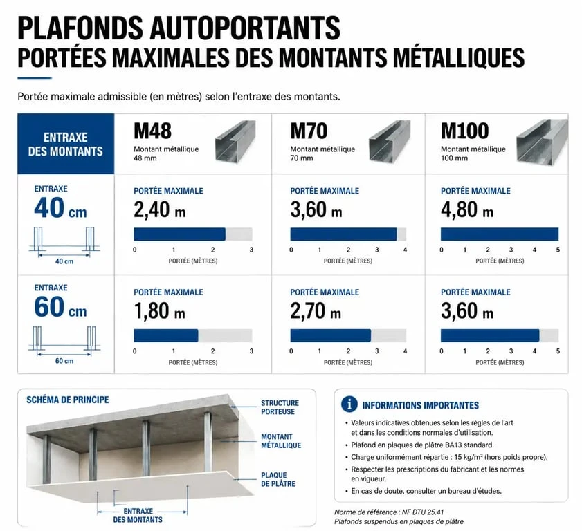 Tableau comparatif des portées maximales pour plafond autoportant avec montants M48, M70 et M100