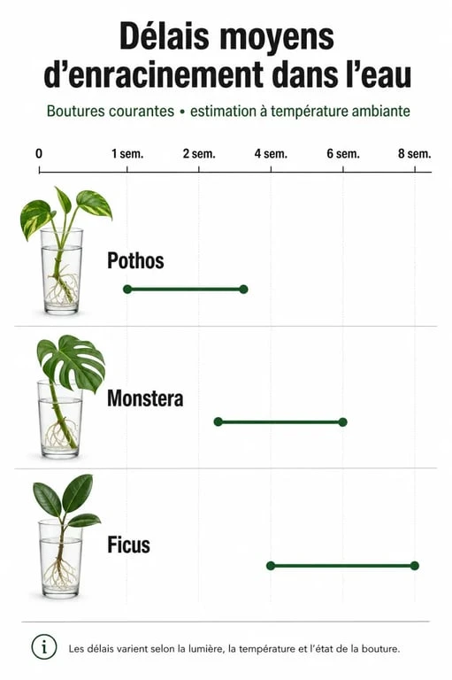 Infographie des délais d'enracinement pour réussir sa bouture dans l'eau