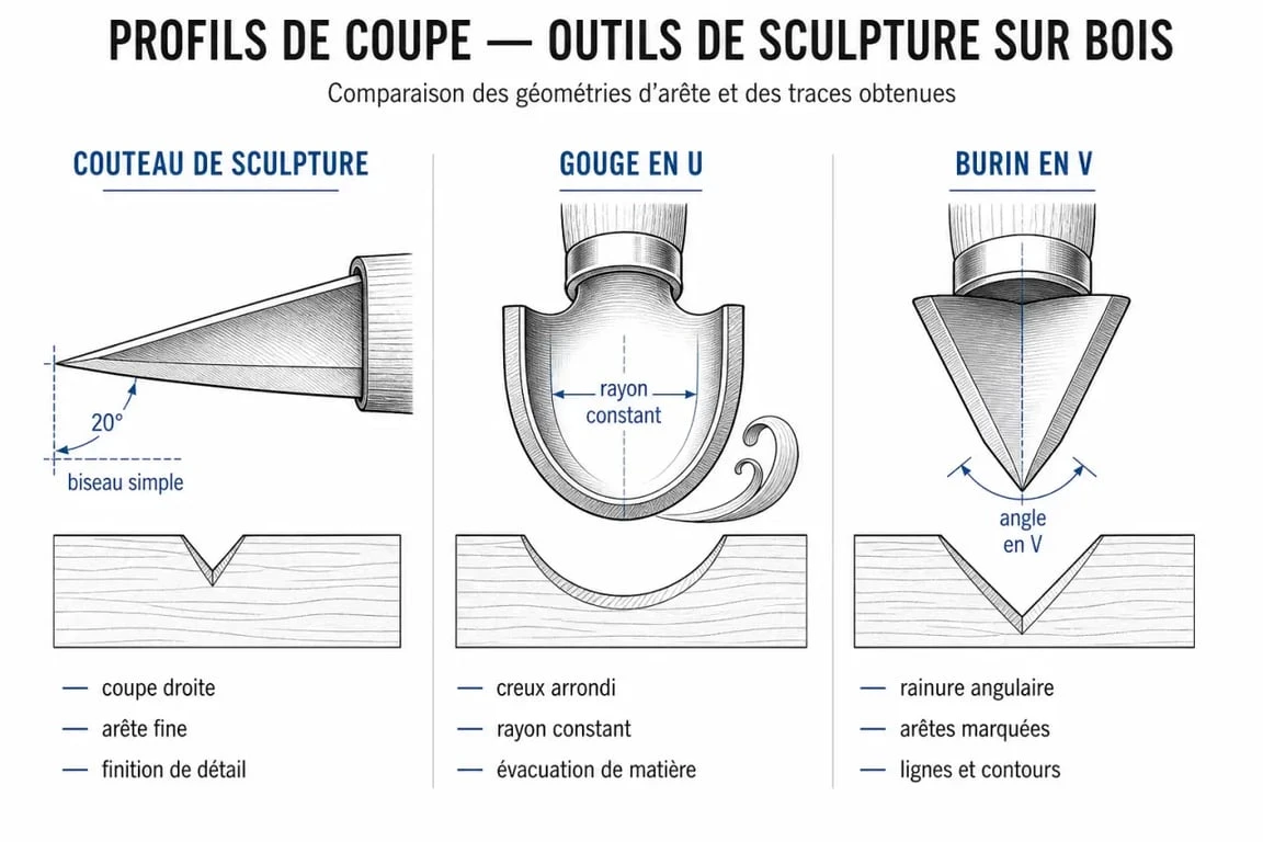 Infographie des outils de sculpture sur bois : couteau, gouge et burin pour débutants