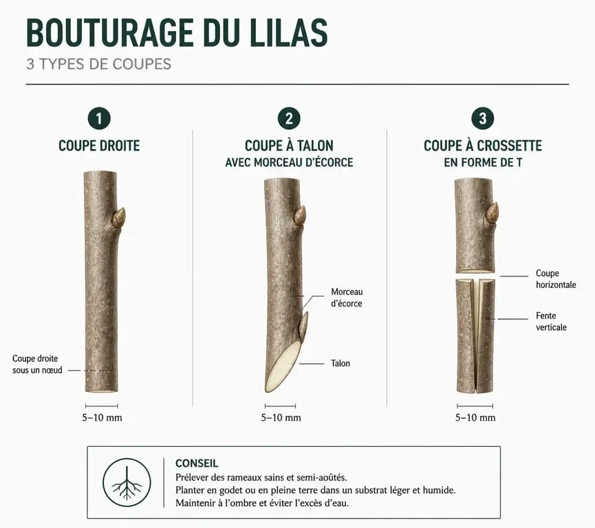 Schéma explicatif des techniques de bouturage du lilas : coupe droite, à talon et à crossette