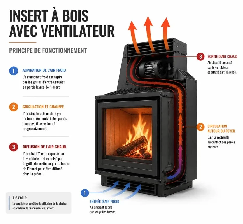 Schéma de fonctionnement d'un insert avec ventilateur montrant le flux d'air chaud