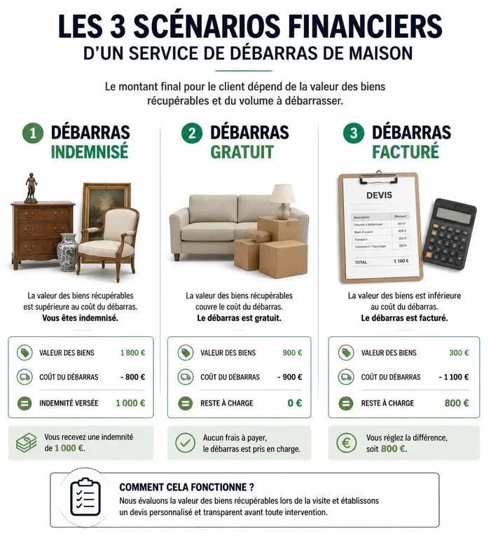 Infographie sur les coûts d'un service de vide maison 65 : débarras indemnisé, gratuit ou facturé.