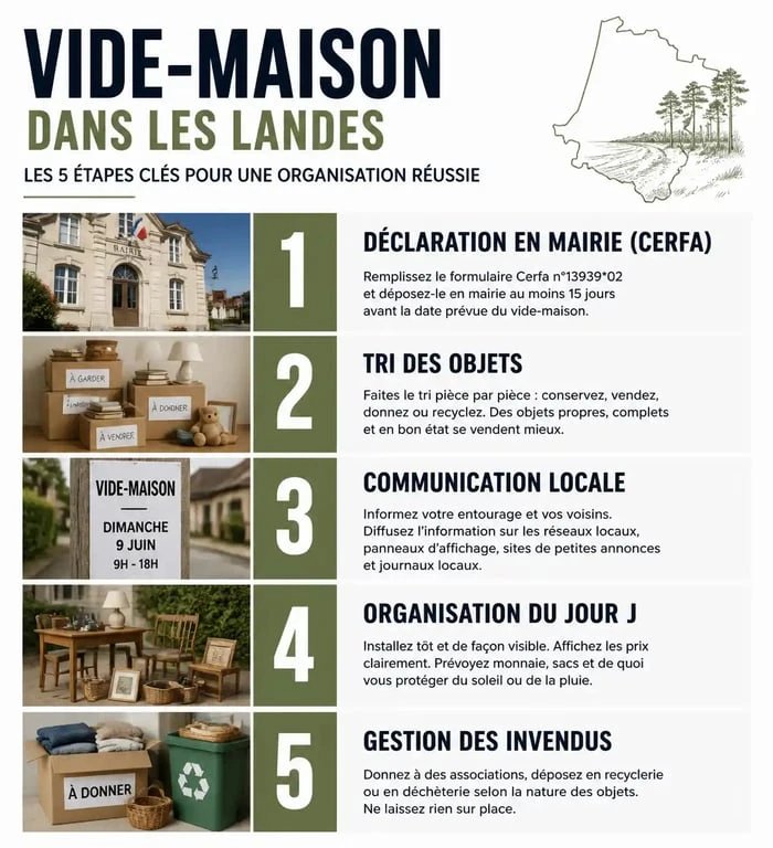 Infographie des étapes pour organiser un vide-maison dans le 40